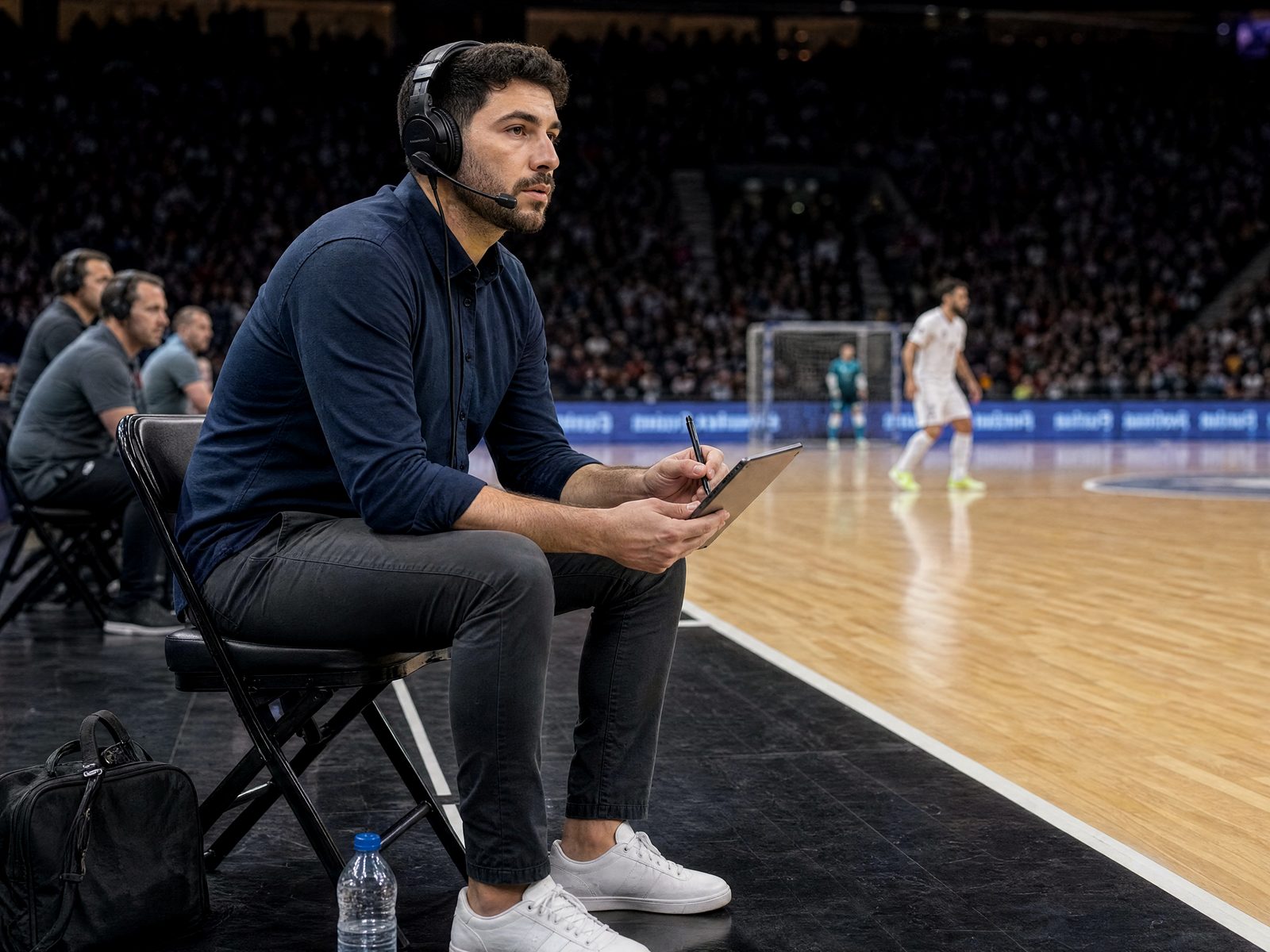 Analyste au bord du terrain pendant un match de futsal, tablette de suivi en main